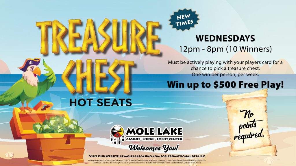 Treasure Chest Hot Seats promotion graphic from Mole Lake Casino Lodge featuring a pirate parrot, treasure chest filled with gems, and Wednesday giveaways with chances to win up to $500 in free play with no points required.
