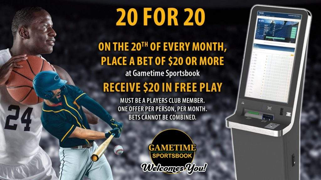 20 for 20 sportsbook promotion graphic from Gametime Sportsbook featuring basketball and baseball athletes, offering $20 in free play when players place a bet of $20 or more on the 20th of each month.