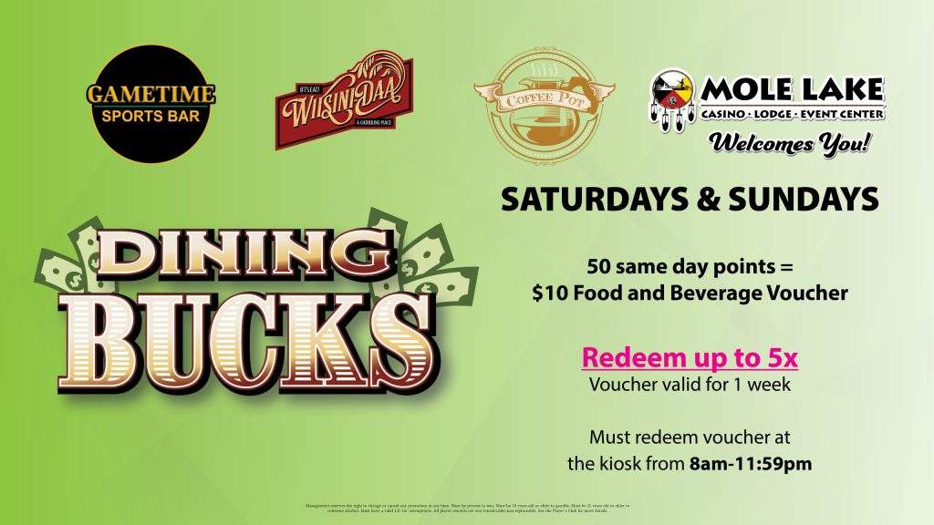 Dining Bucks weekend promotion graphic from Mole Lake Casino Lodge advertising $10 food and beverage vouchers for every 50 same-day points earned, redeemable at Gametime Sports Bar, WilsonDan’s, and the Coffee Pot.