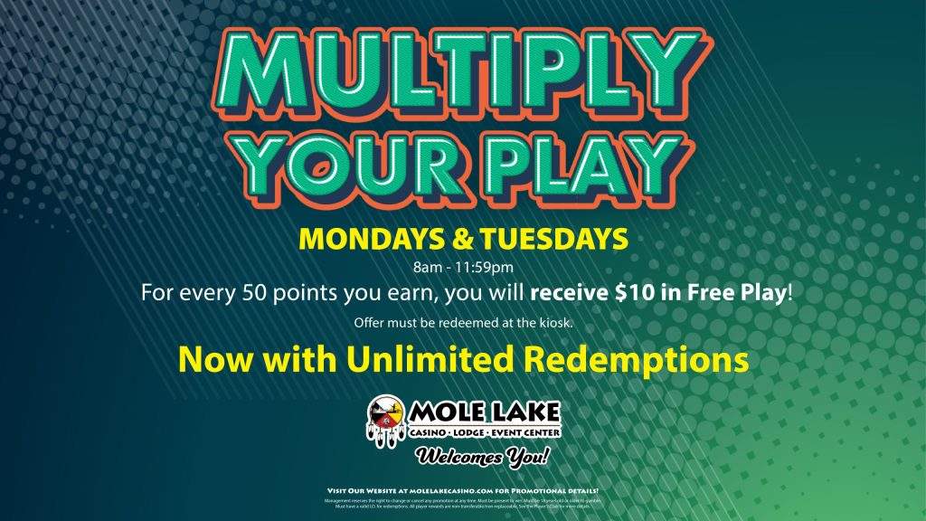 Multiply Your Play promotion graphic from Mole Lake Casino Lodge advertising Monday and Tuesday free play rewards where players receive $10 in free play for every 50 points earned with unlimited redemptions.