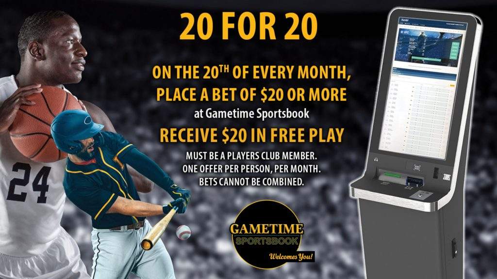 Sportsbook promotion graphic featuring athletes and a betting kiosk, advertising Gametime Sportsbook’s monthly 20 for 20 offer where guests placing a $20 bet on the 20th receive $20 in Free Play.