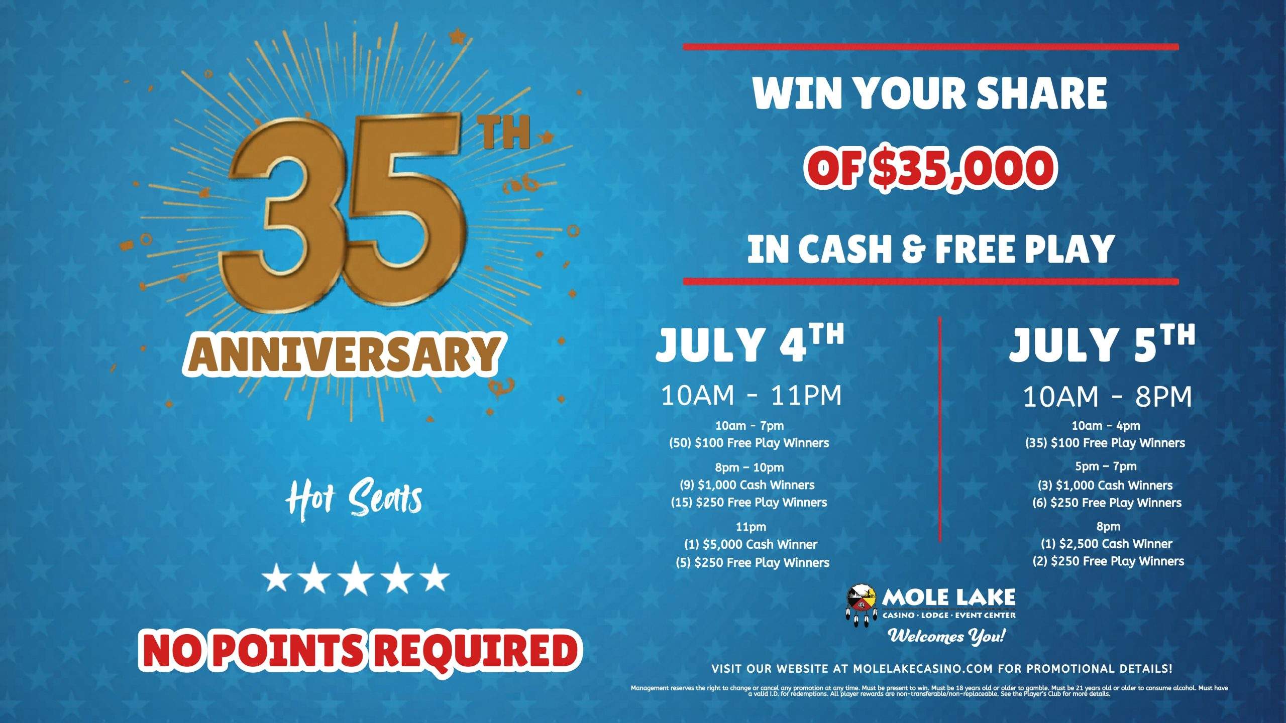 Blue and gold anniversary graphic promoting Mole Lake Casino’s 35th Anniversary Hot Seats with two days of cash and free play giveaways totaling $35,000.