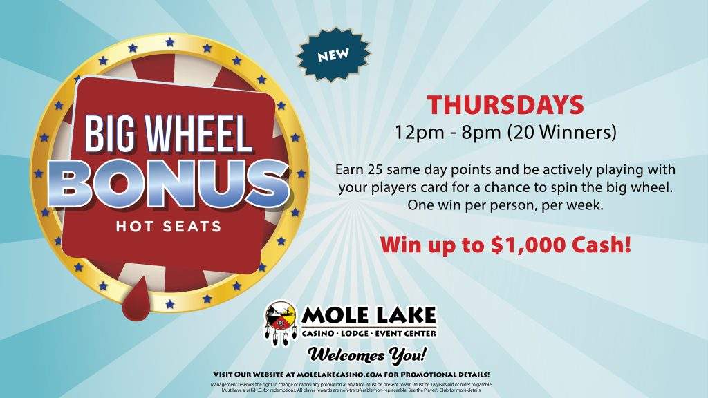 Blue and gold prize wheel graphic promoting Mole Lake Casino’s Thursday Big Wheel Bonus Hot Seats, where guests earning 25 same‑day points can win up to $1,000 cash.