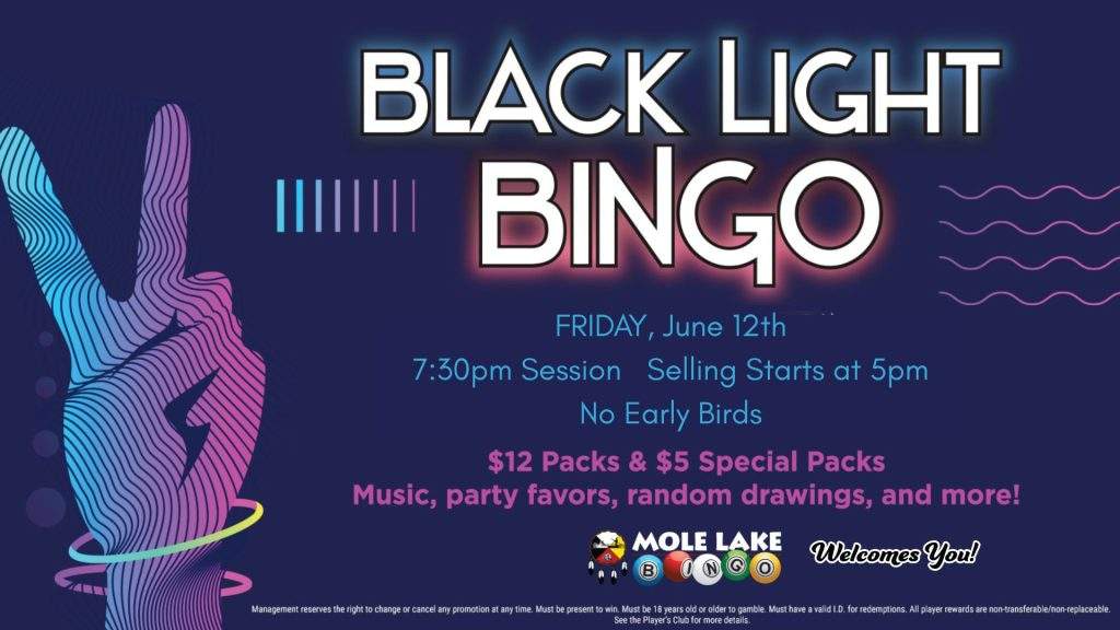 Neon blacklight‑themed bingo graphic with glowing peace sign promoting Mole Lake Bingo’s June 12 Black Light Bingo event featuring music, party favors, and $12 packs.