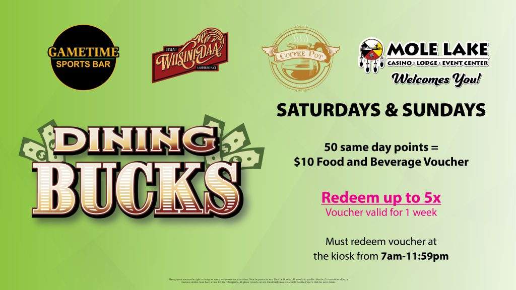 Green promotional graphic featuring Gametime Sports Bar, Wiisinidaa, and Coffee Pot logos, advertising Mole Lake Casino’s weekend Dining Bucks offer: earn 50 same‑day points for a $10 food and beverage voucher.