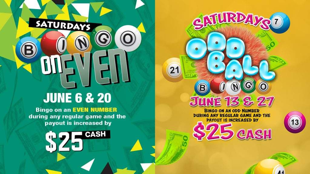 Split graphic promoting Mole Lake Bingo’s June Even Number Bingo on June 6 & 20 and Odd Ball Bingo on June 13 & 27, each offering an extra $25 cash payout on qualifying games.