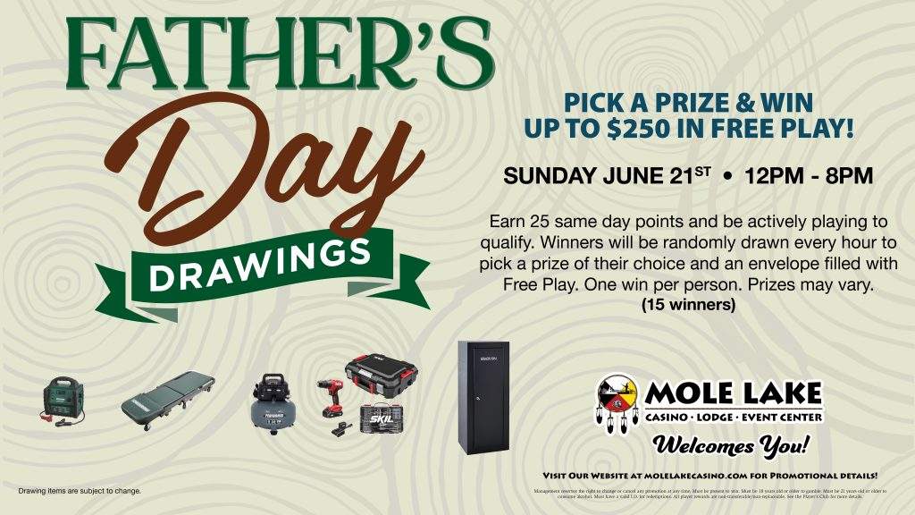 Father’s Day promotion graphic with tools and prize images advertising Mole Lake Casino’s June 21 drawings, where guests earning 25 same‑day points can win up to $250 in free play and choose from assorted prizes.