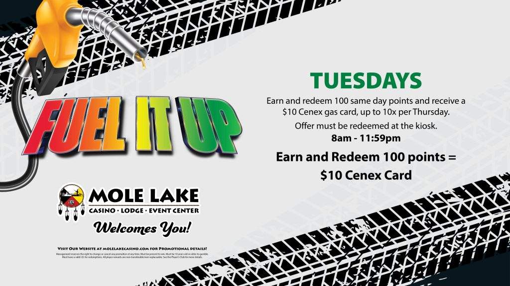 Yellow gas pump nozzle graphic promoting Mole Lake Casino’s Tuesday Fuel It Up offer, where guests earn and redeem 100 same‑day points for a $10 Cenex gas card from 8AM to 11:59PM.