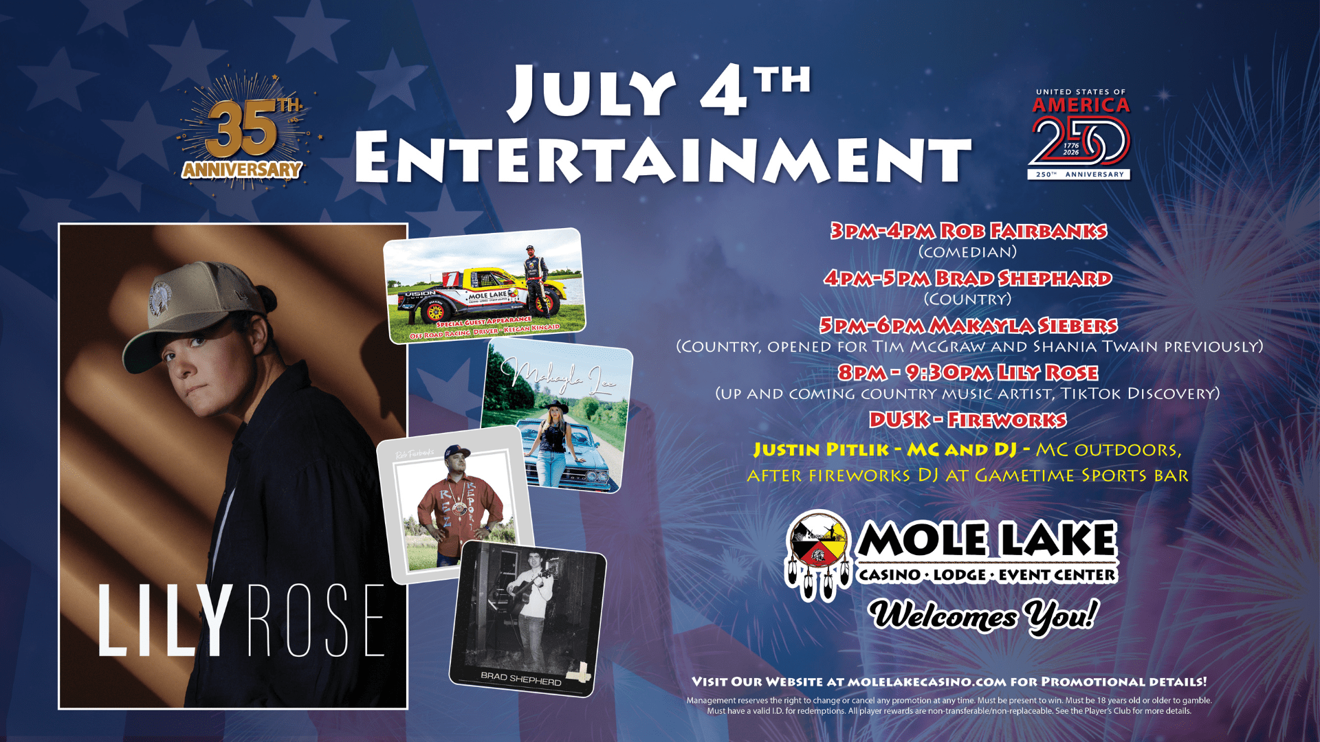 Singer performing on an outdoor stage with guitar alongside fireworks graphics promoting Mole Lake Casino’s free July 4th event featuring Lily Rose at 8PM and fireworks at 10PM, open to all ages.